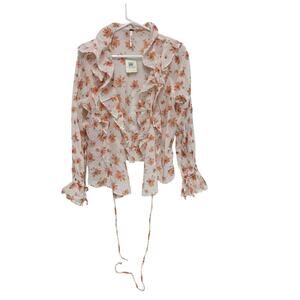 Free People Sheer Floral Wrap Ruffle Blouse White L NWT